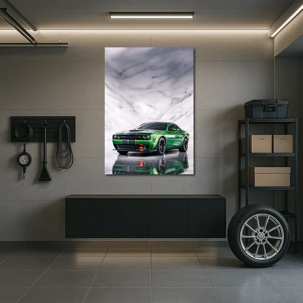Dodge Challenger Green on Marble Background – Wall Art