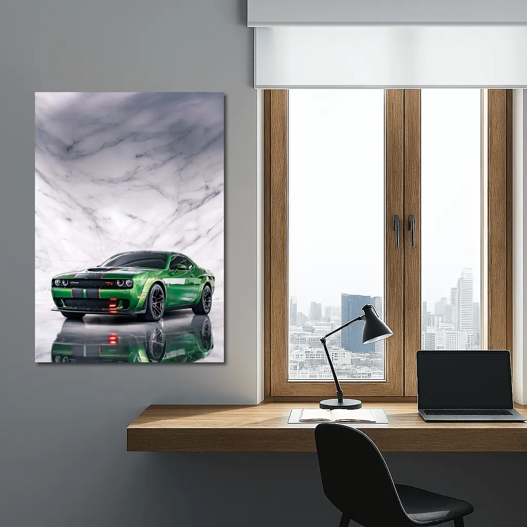 Dodge Challenger Green on Marble Background – Wall Art