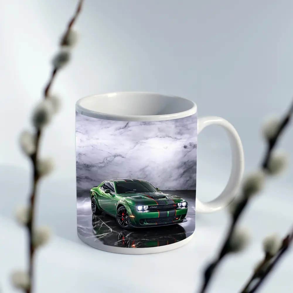 Dodge Challenger Green Muscle Car Marble Background – Mugs