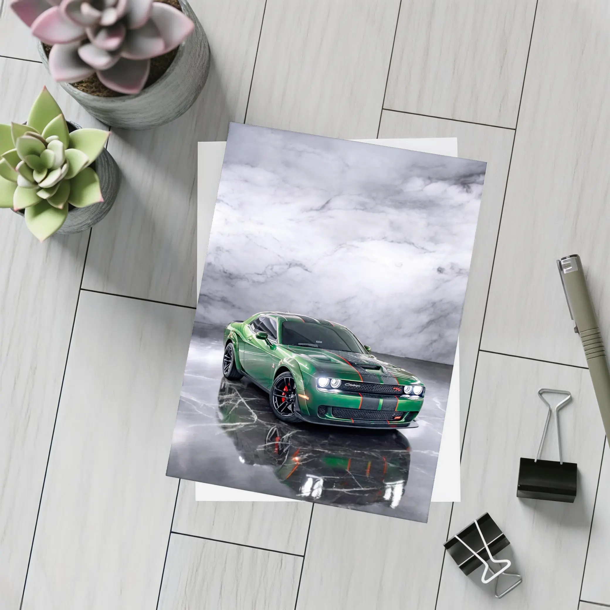 Dodge Challenger Green Muscle Car Marble Background – Postcards