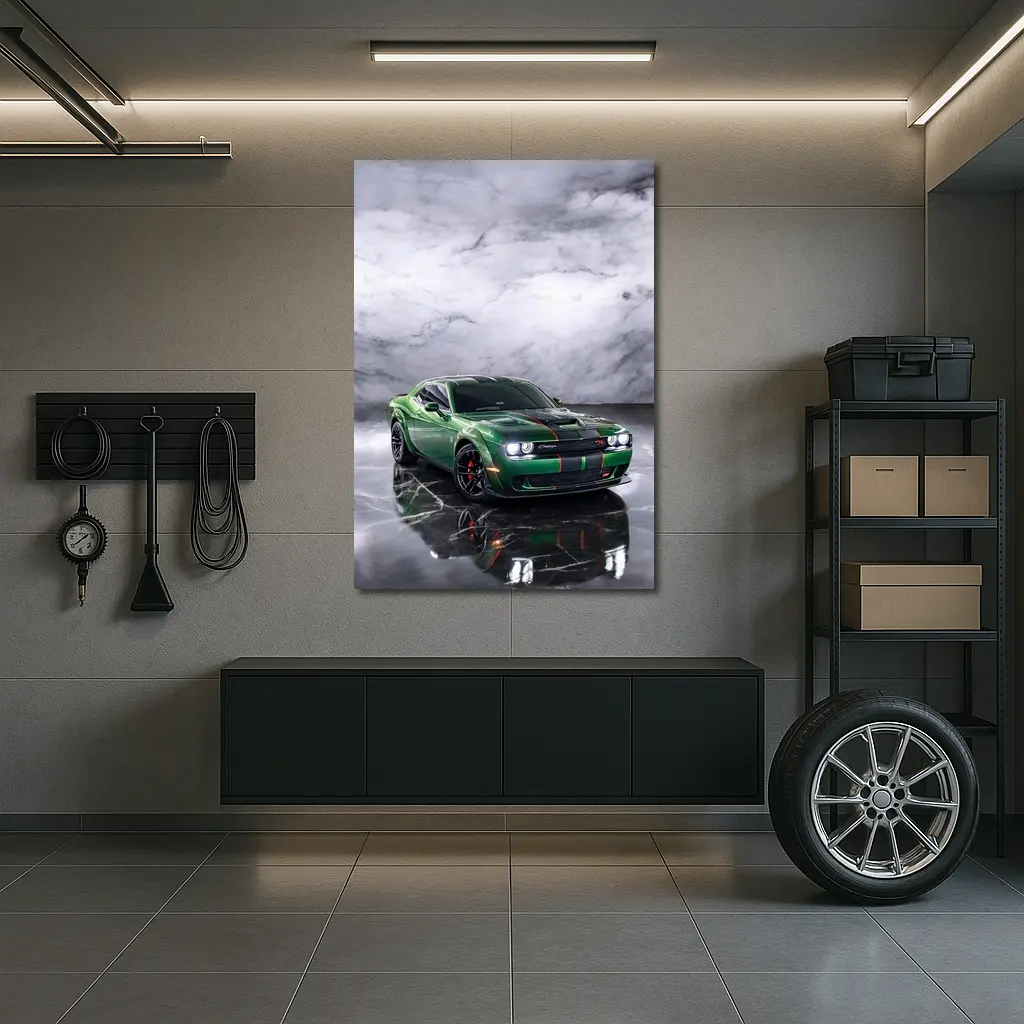 Dodge Challenger Green Muscle Car Marble Background – Wall Art