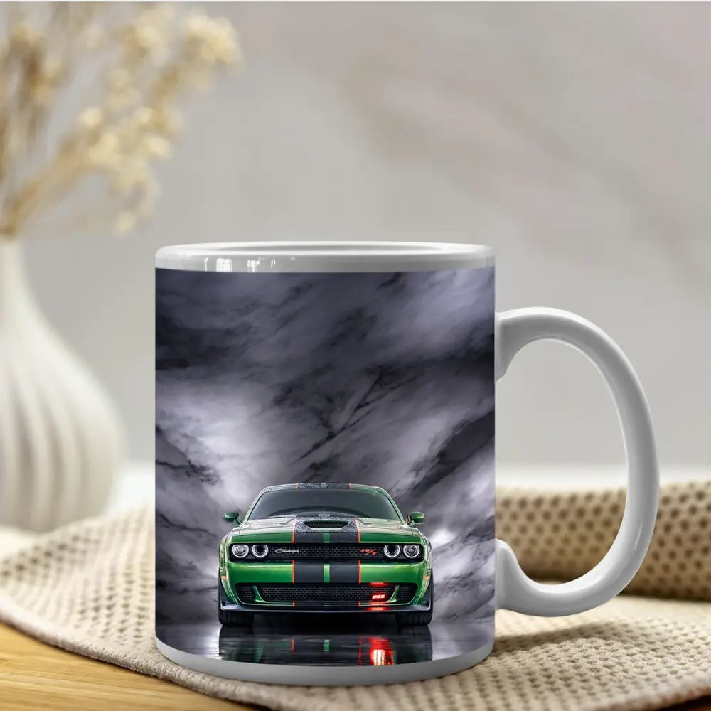 Dodge Challenger Green on Marble Background – Mugs