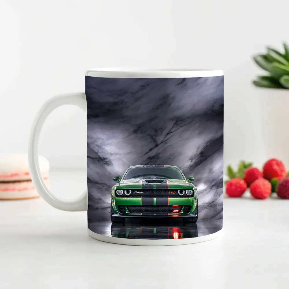 Dodge Challenger Green on Marble Background – Mugs