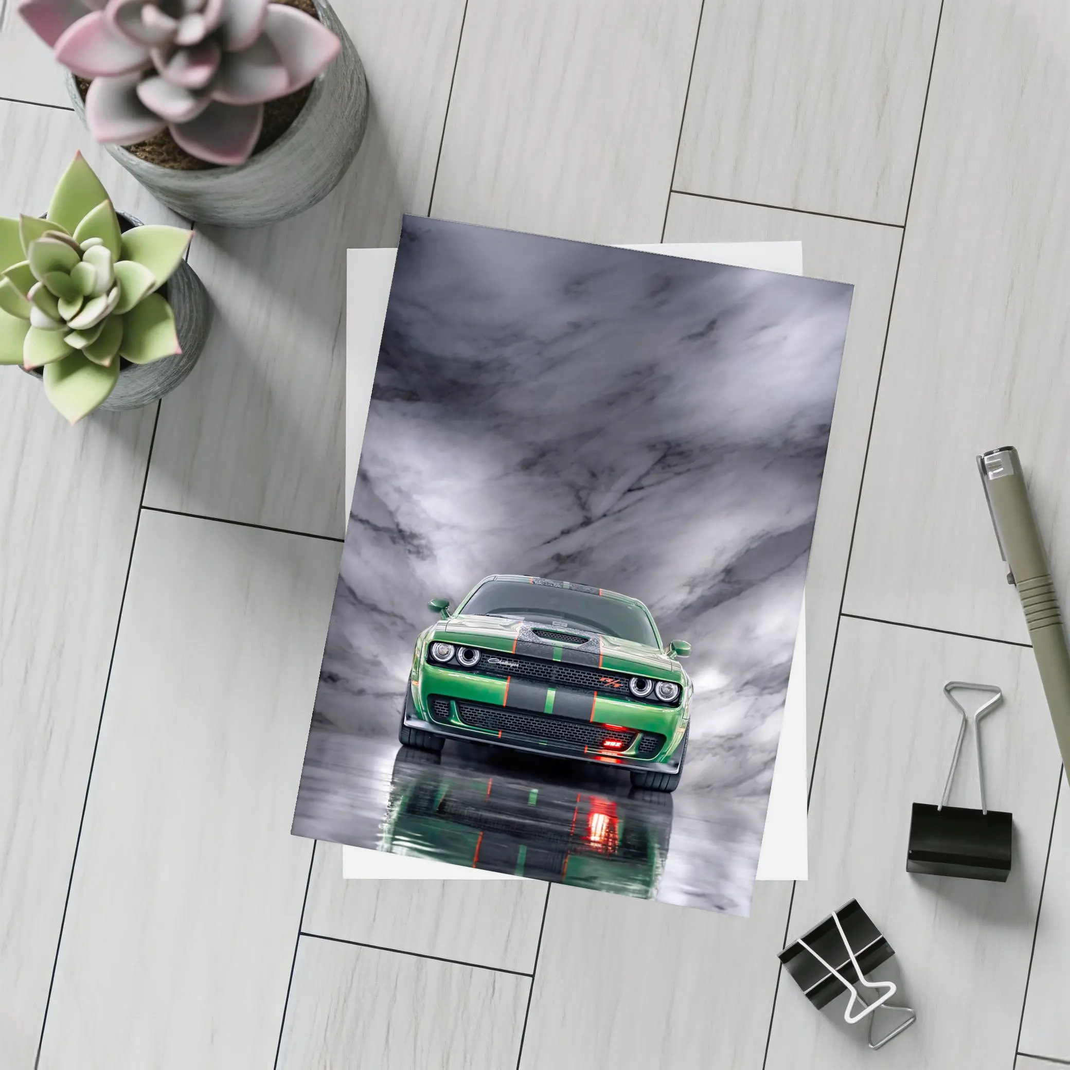 Dodge Challenger Green on Marble Background – Postcards