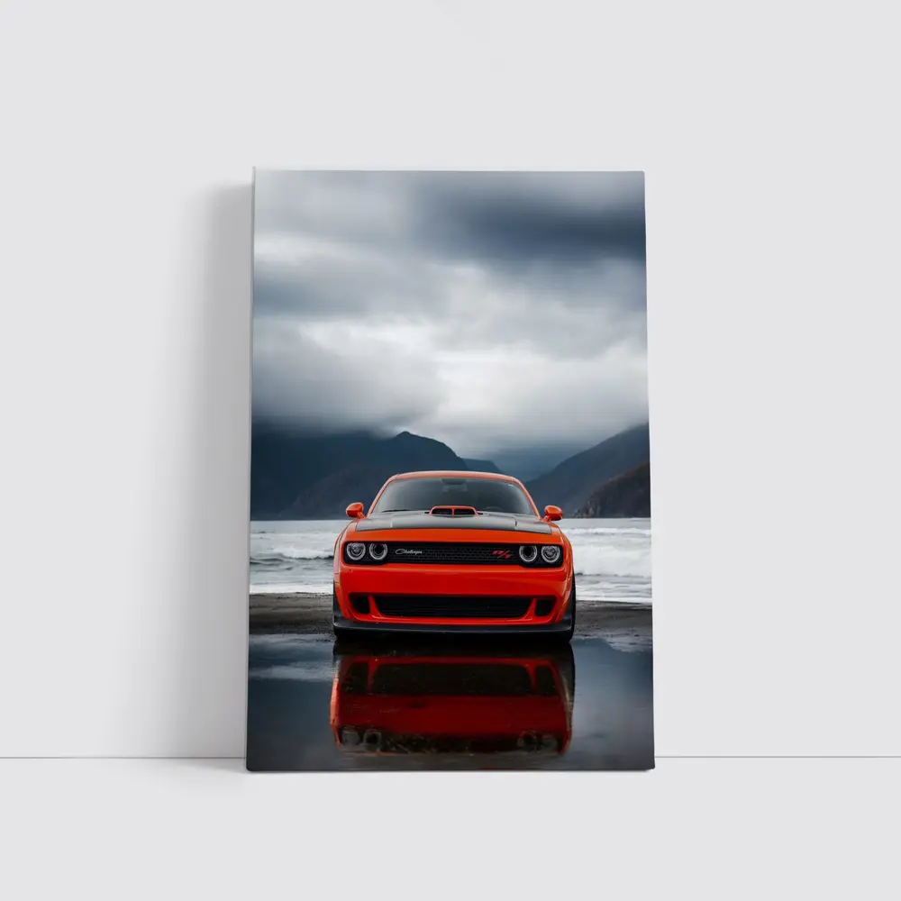 Dodge Challenger Red Stormy Beach Mountains – Wall Art