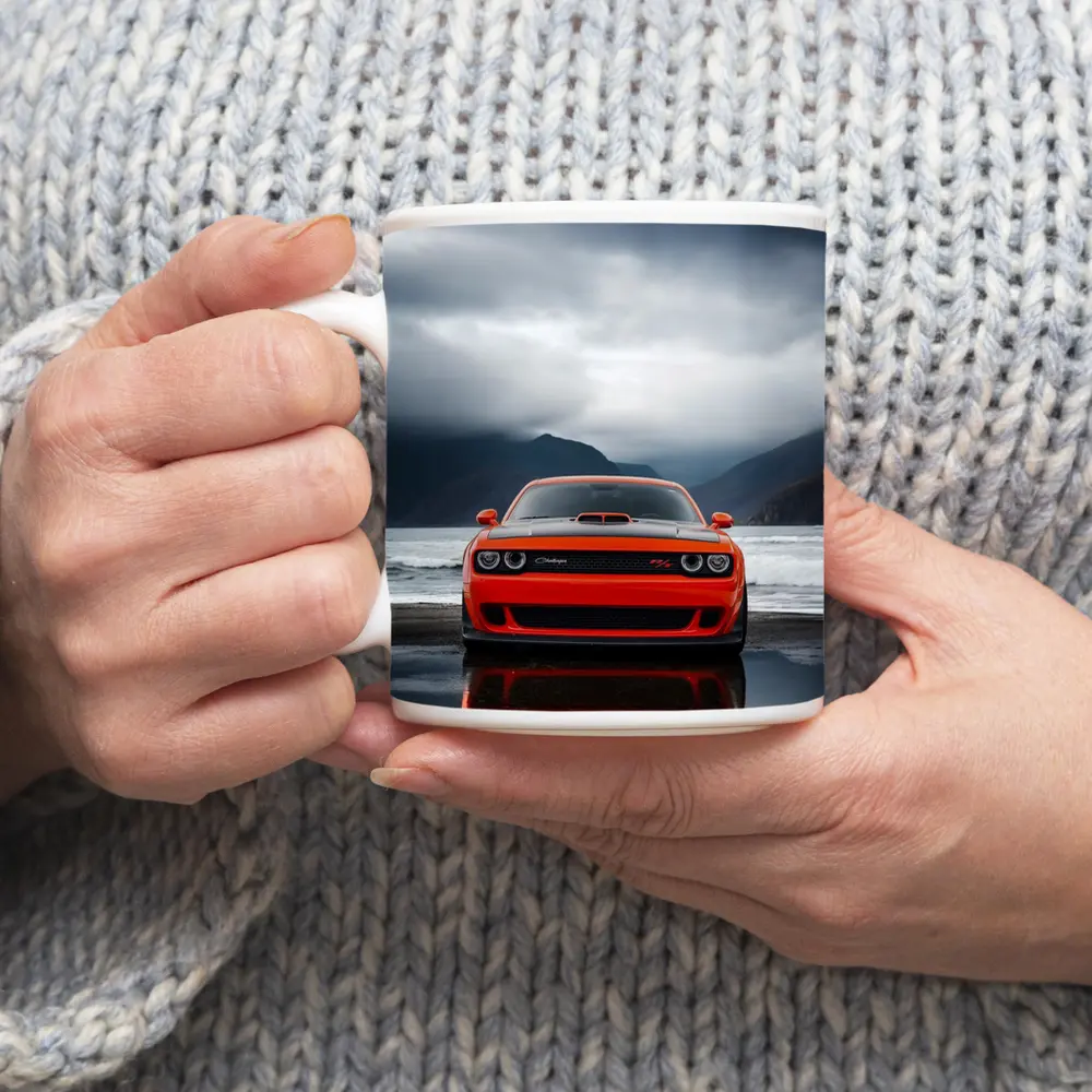 Dodge Challenger Red Stormy Beach Mountains – Mugs