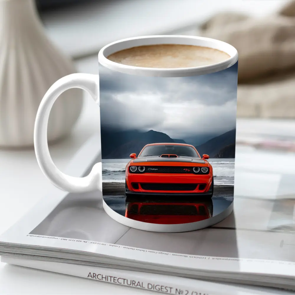 Dodge Challenger Red Stormy Beach Mountains – Mugs