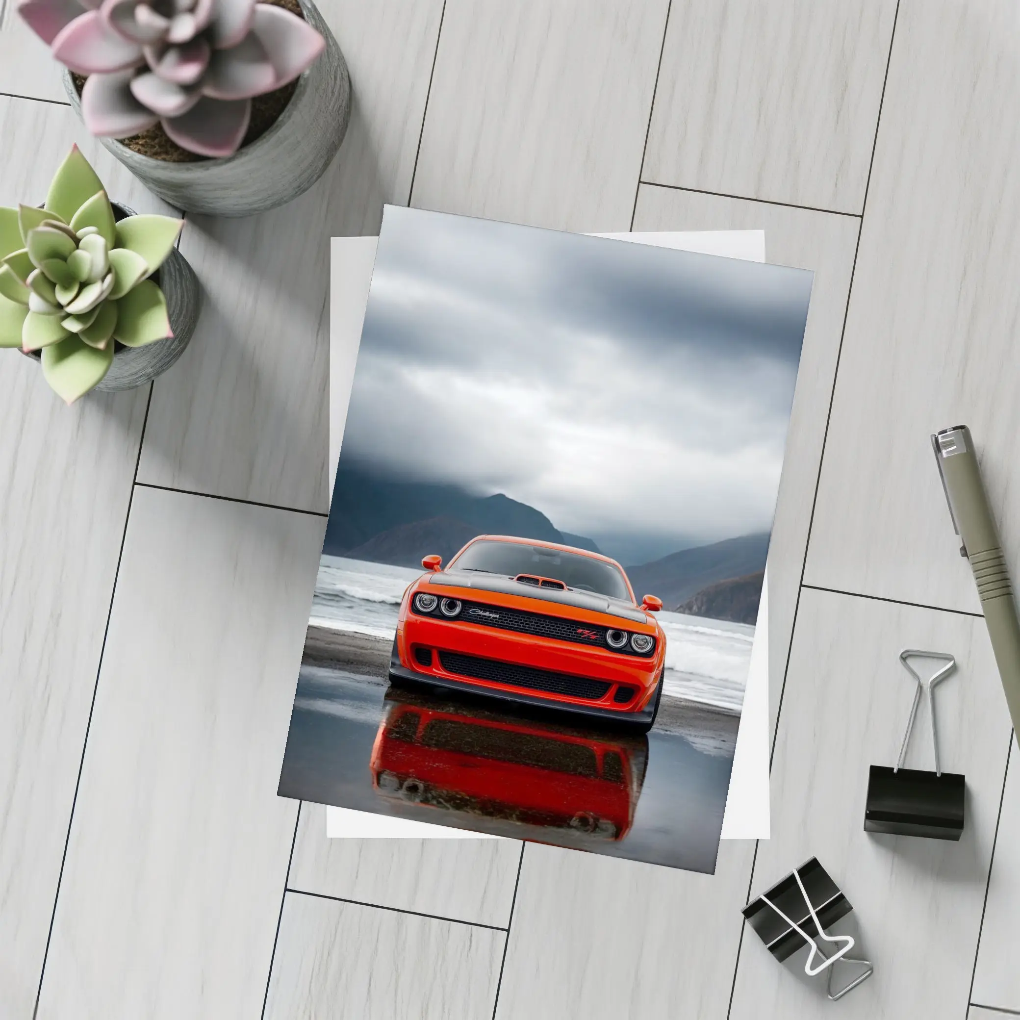 Dodge Challenger Red Stormy Beach Mountains – Postcards