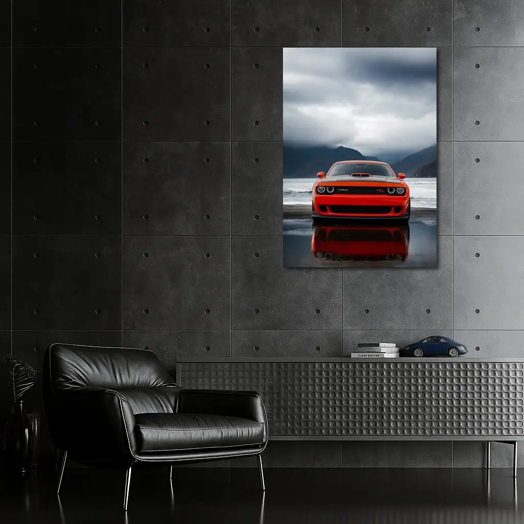 Dodge Challenger Red Stormy Beach Mountains – Wall Art