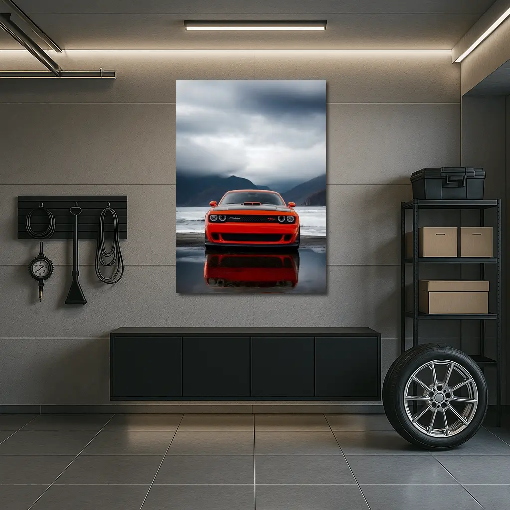 Dodge Challenger Red Stormy Beach Mountains – Wall Art