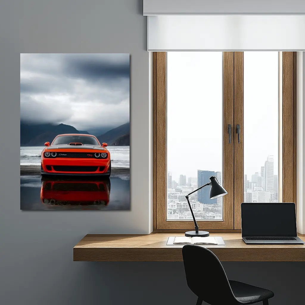 Dodge Challenger Red Stormy Beach Mountains – Wall Art