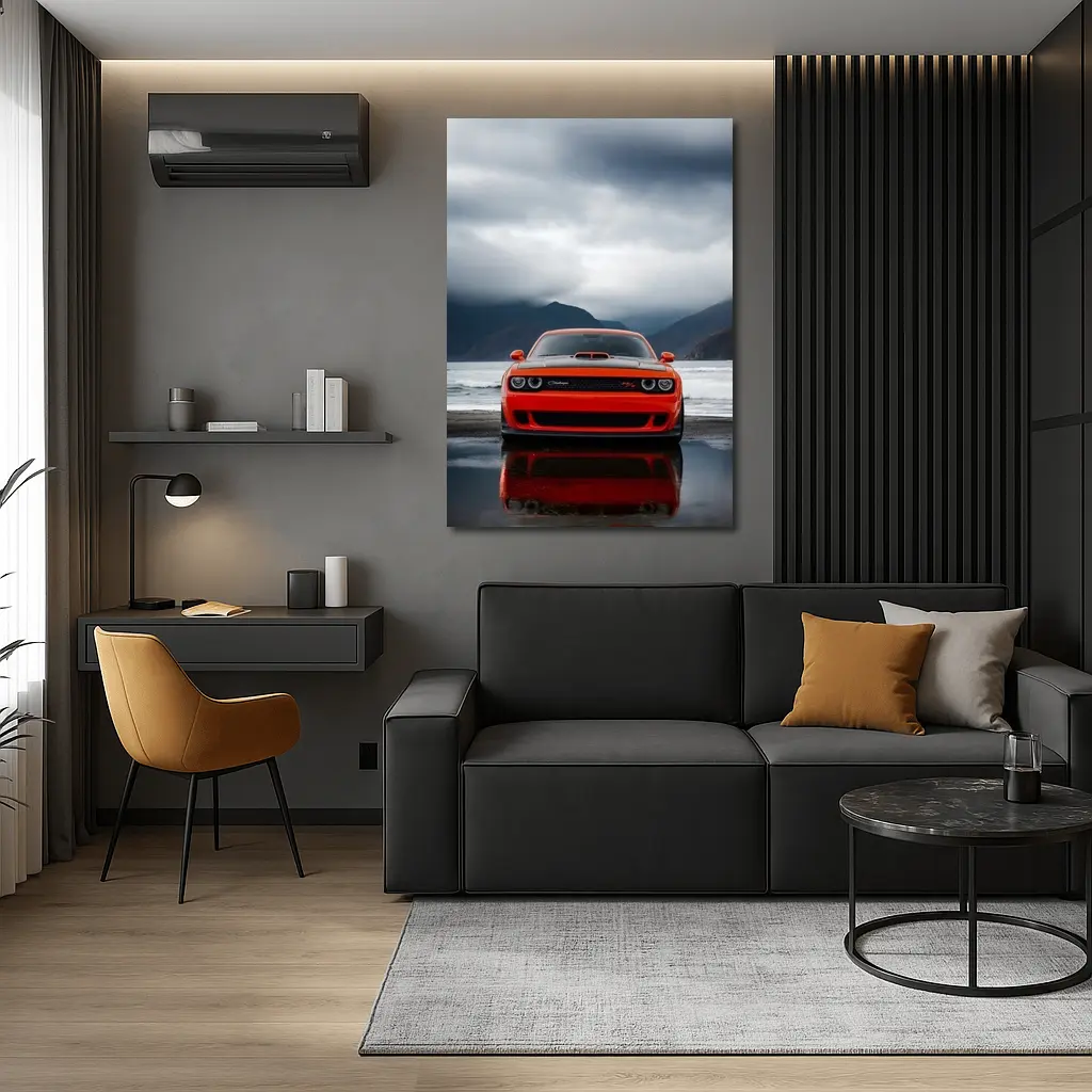 Dodge Challenger Red Stormy Beach Mountains – Wall Art