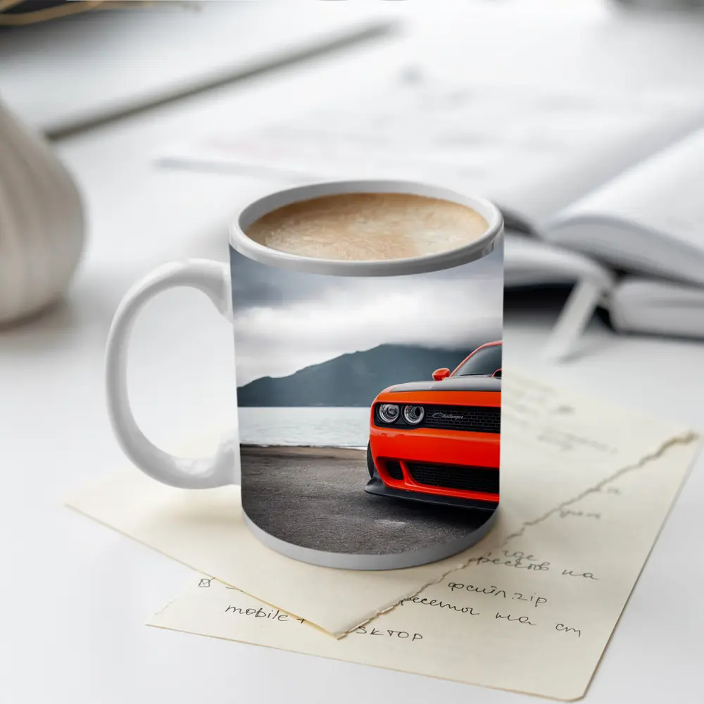Dodge Challenger Orange Front Cloudy Mountain Shore – Mugs