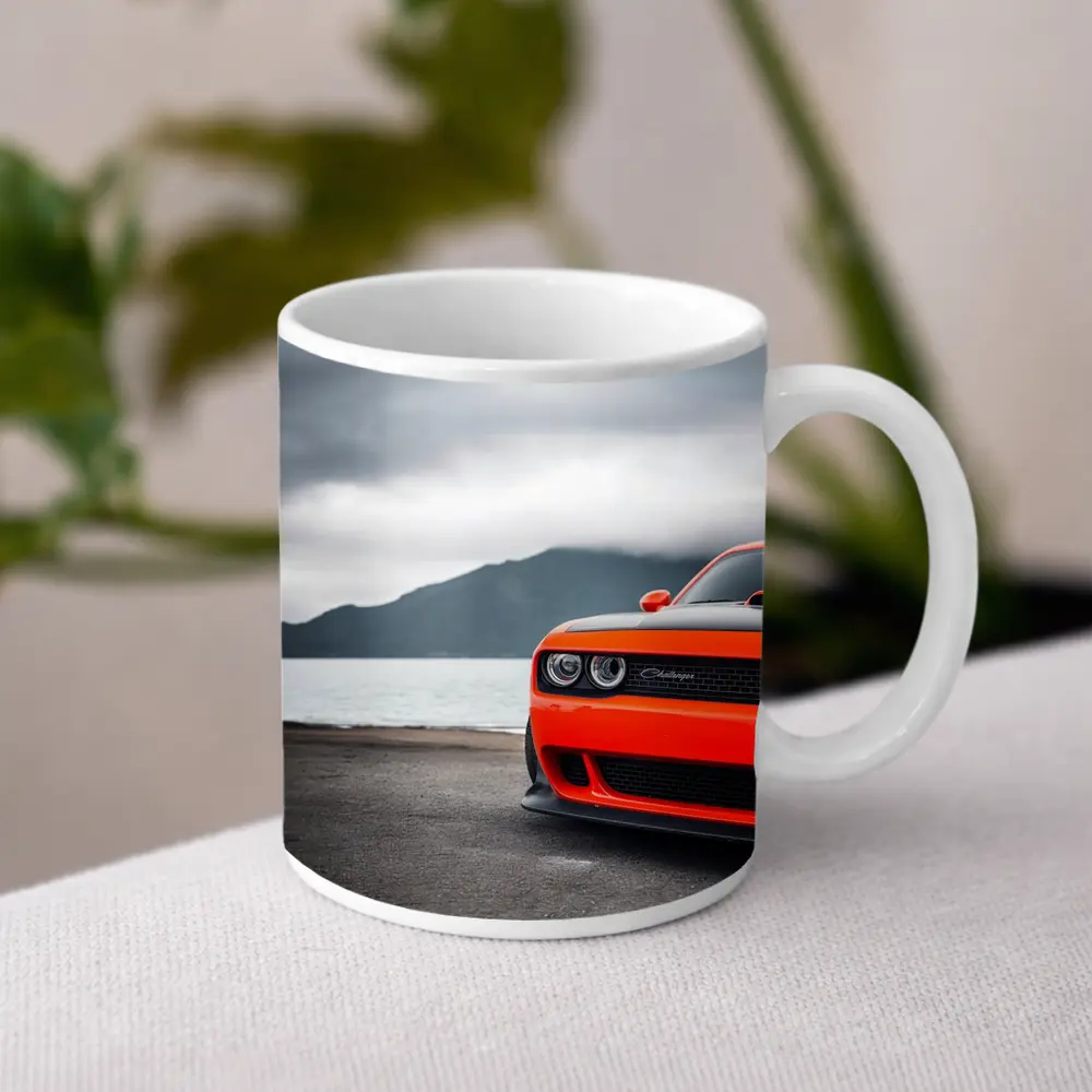 Dodge Challenger Orange Front Cloudy Mountain Shore – Mugs