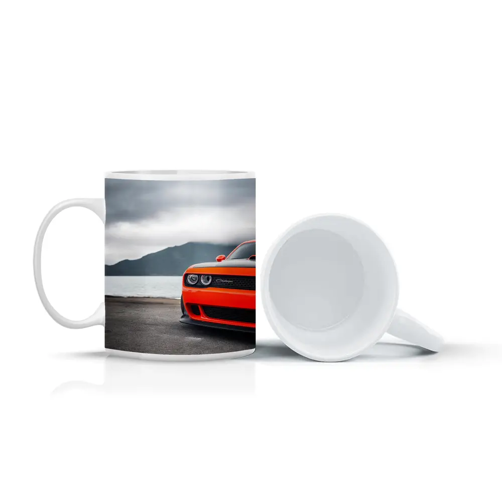 Dodge Challenger Orange Front Cloudy Mountain Shore – Mugs