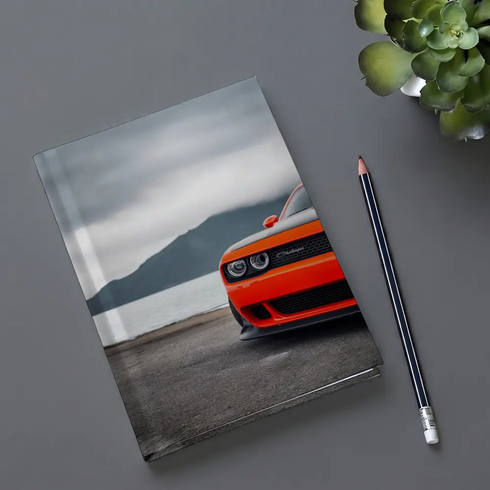 Dodge Challenger Orange Front Cloudy Mountain Shore – Notebooks