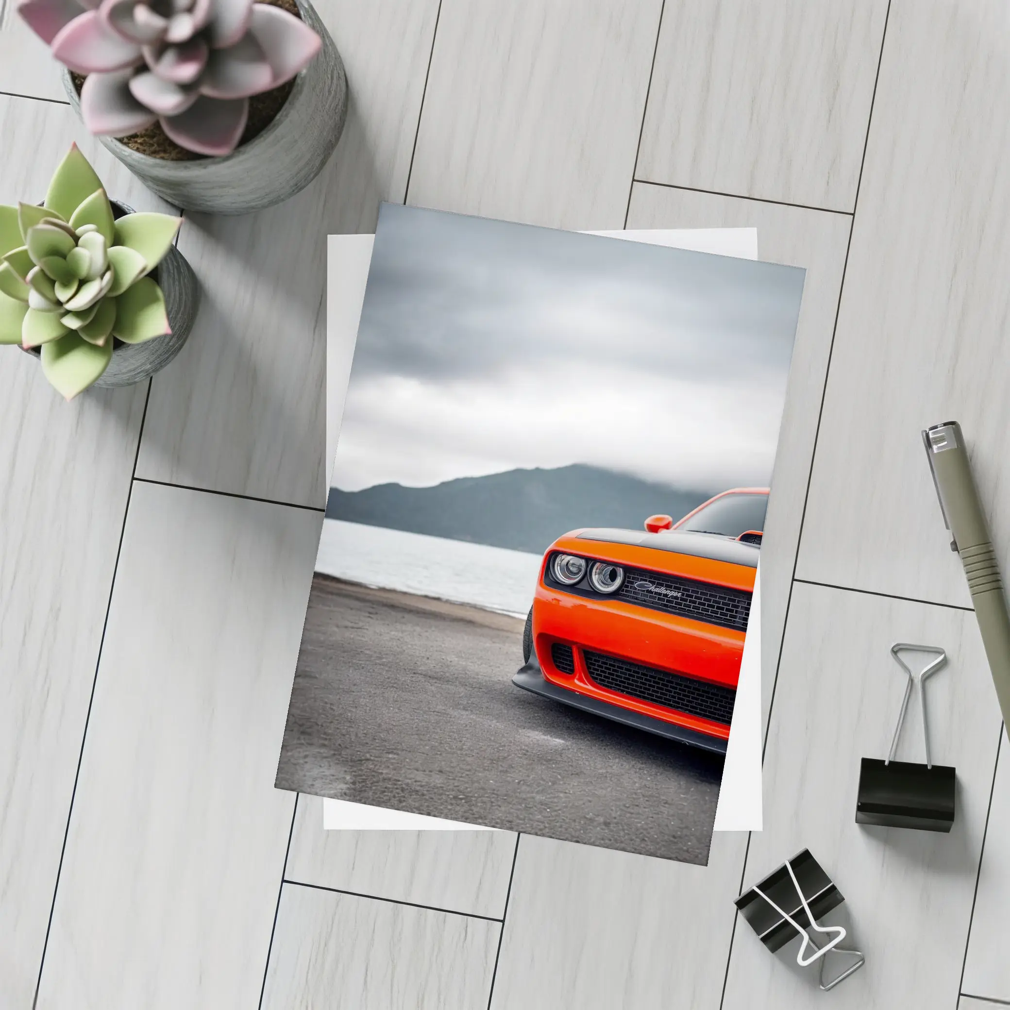 Dodge Challenger Orange Front Cloudy Mountain Shore – Postcards
