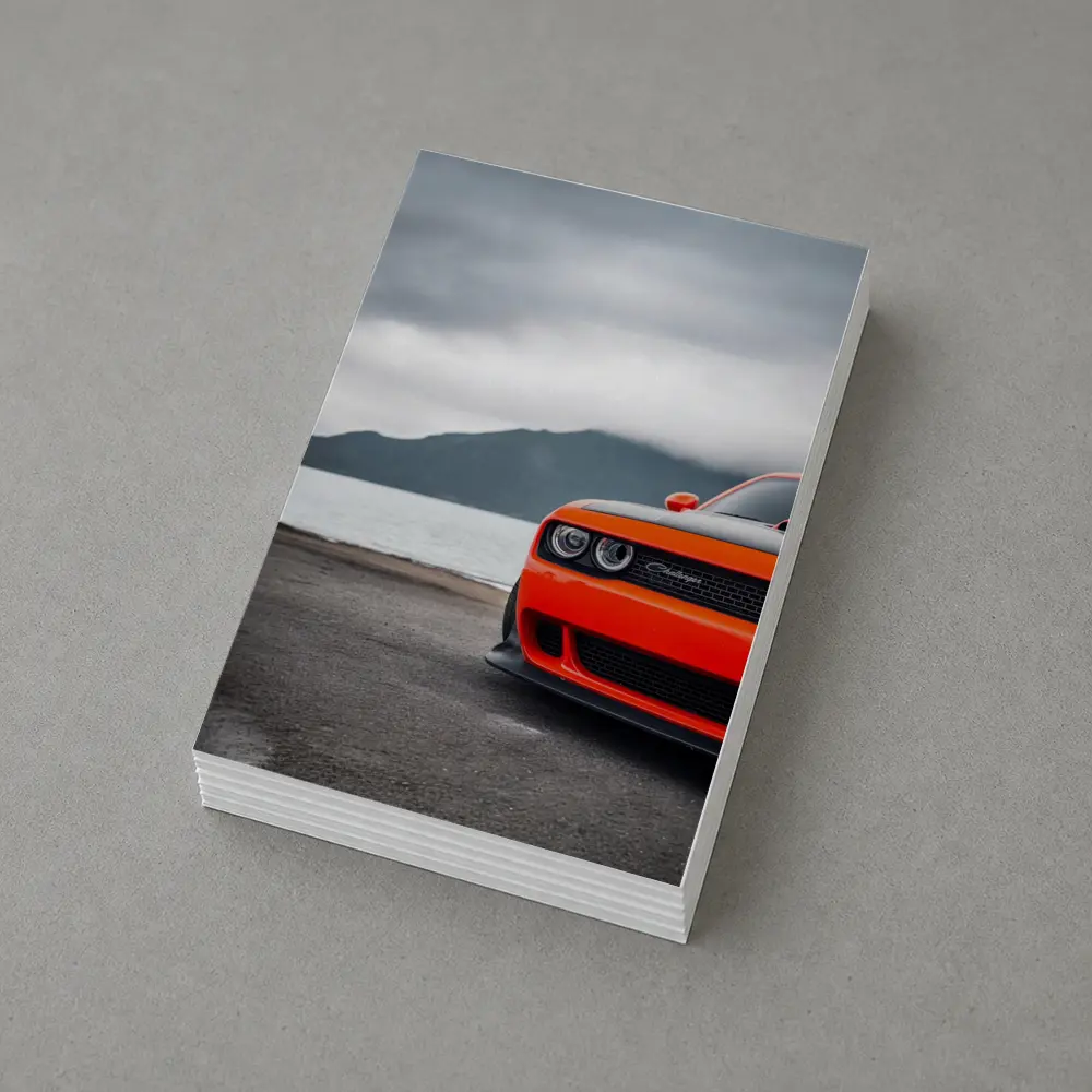 Dodge Challenger Orange Front Cloudy Mountain Shore – Postcards