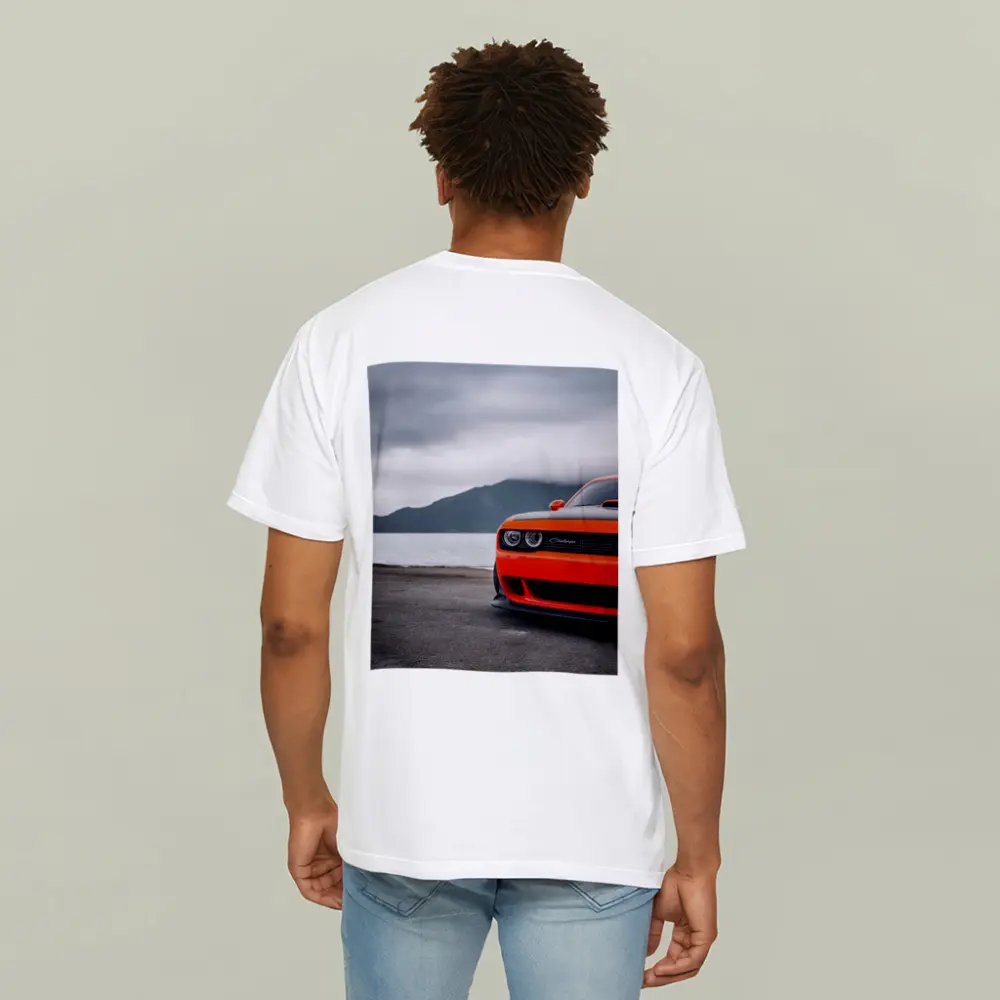 Dodge Challenger Orange Front Cloudy Mountain Shore – T-Shirts