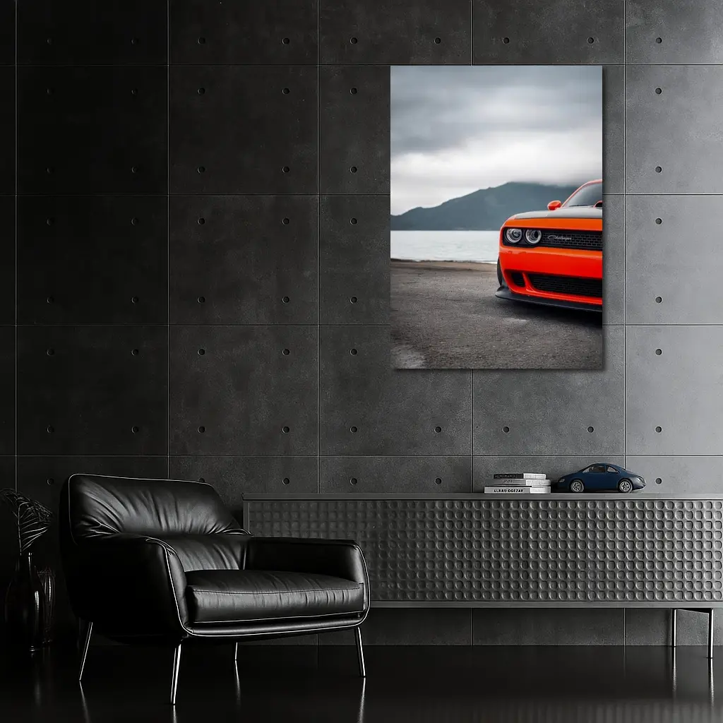 Dodge Challenger Orange Front Cloudy Mountain Shore – Wall Art