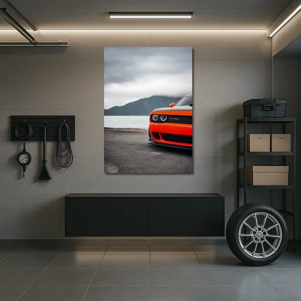 Dodge Challenger Orange Front Cloudy Mountain Shore – Wall Art