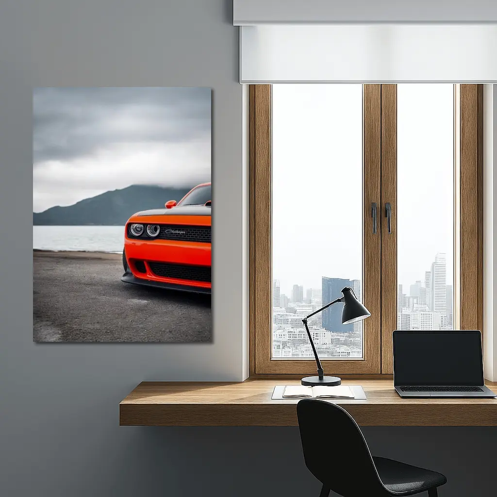 Dodge Challenger Orange Front Cloudy Mountain Shore – Wall Art