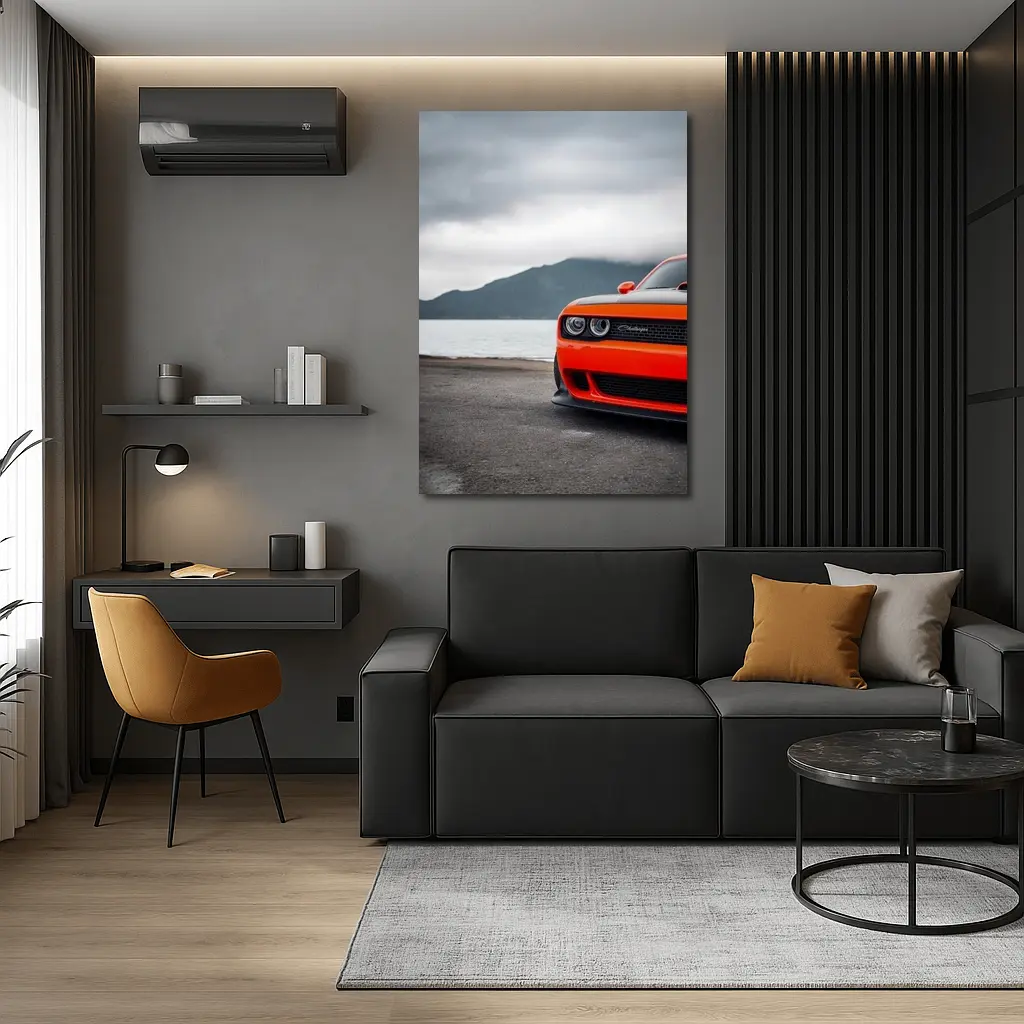 Dodge Challenger Orange Front Cloudy Mountain Shore – Wall Art