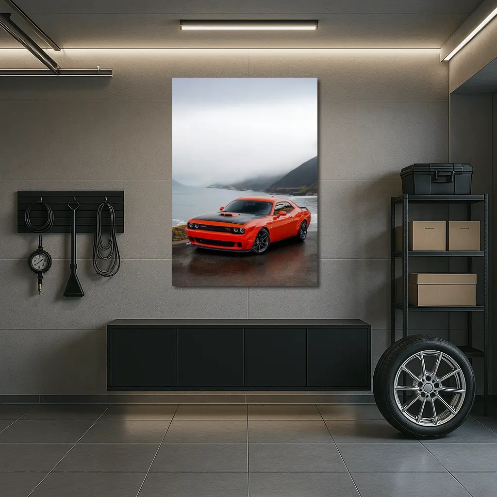 Dodge Challenger Hellcat Foggy Coastal Mountains – Wall Art