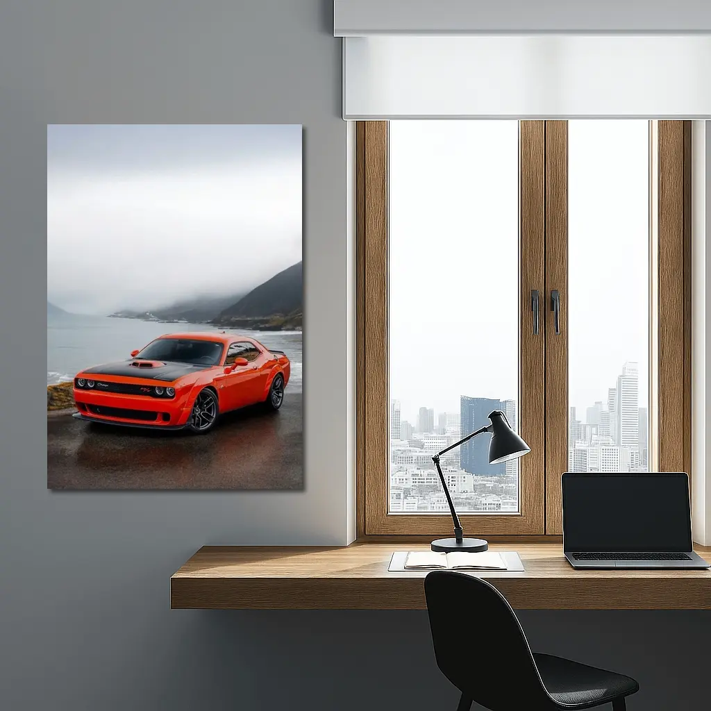 Dodge Challenger Hellcat Foggy Coastal Mountains – Wall Art
