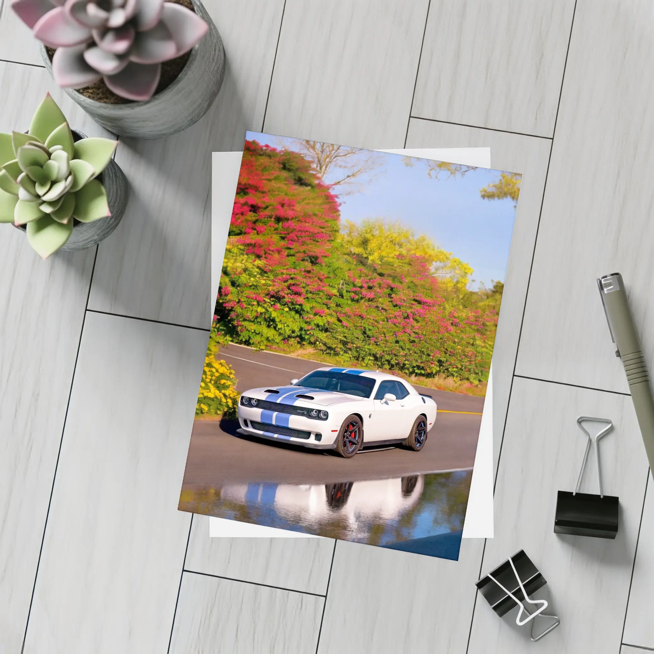 Dodge Challenger SRT White Blue Stripes Road – Postcards