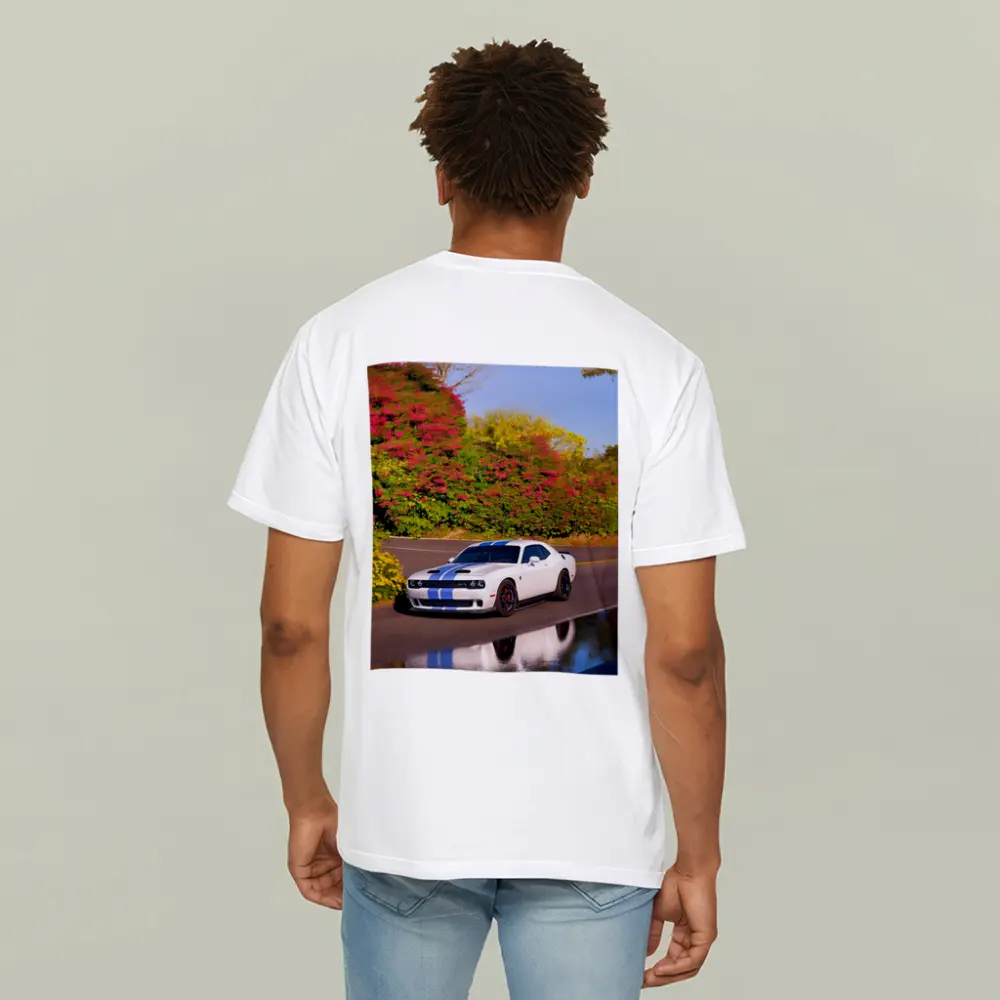 Dodge Challenger SRT White Blue Stripes Road – T-Shirts
