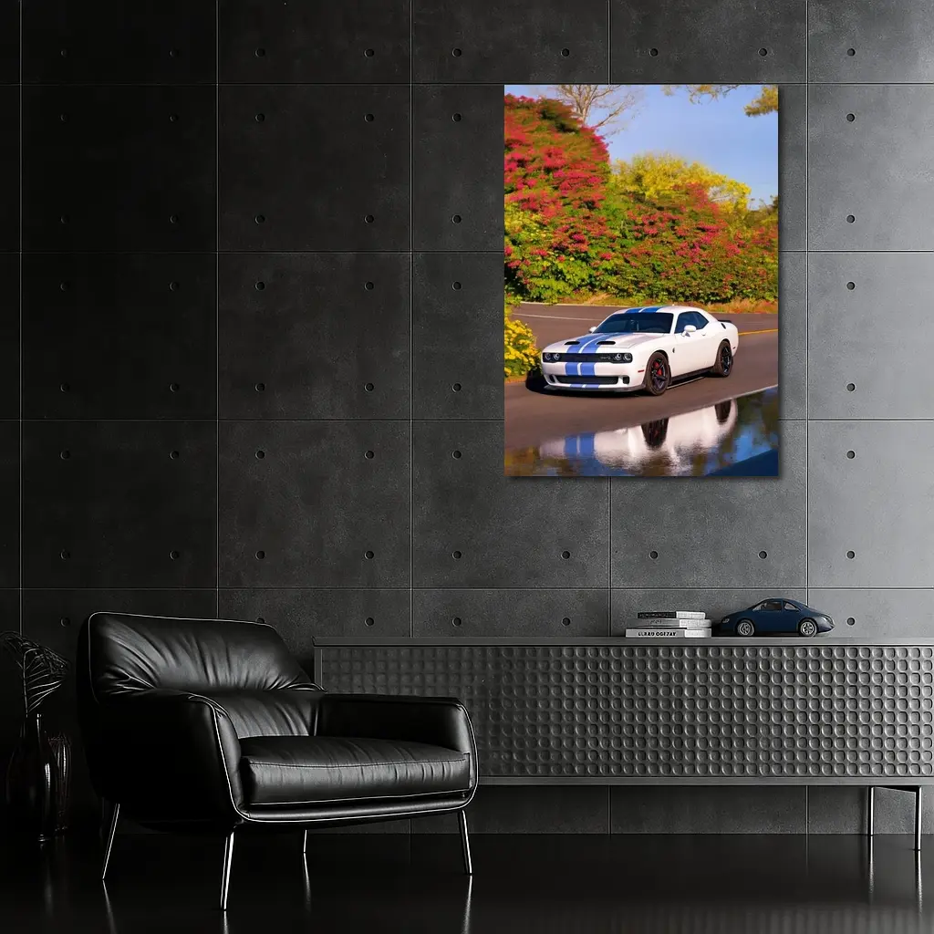 Dodge Challenger SRT White Blue Stripes Road – Wall Art