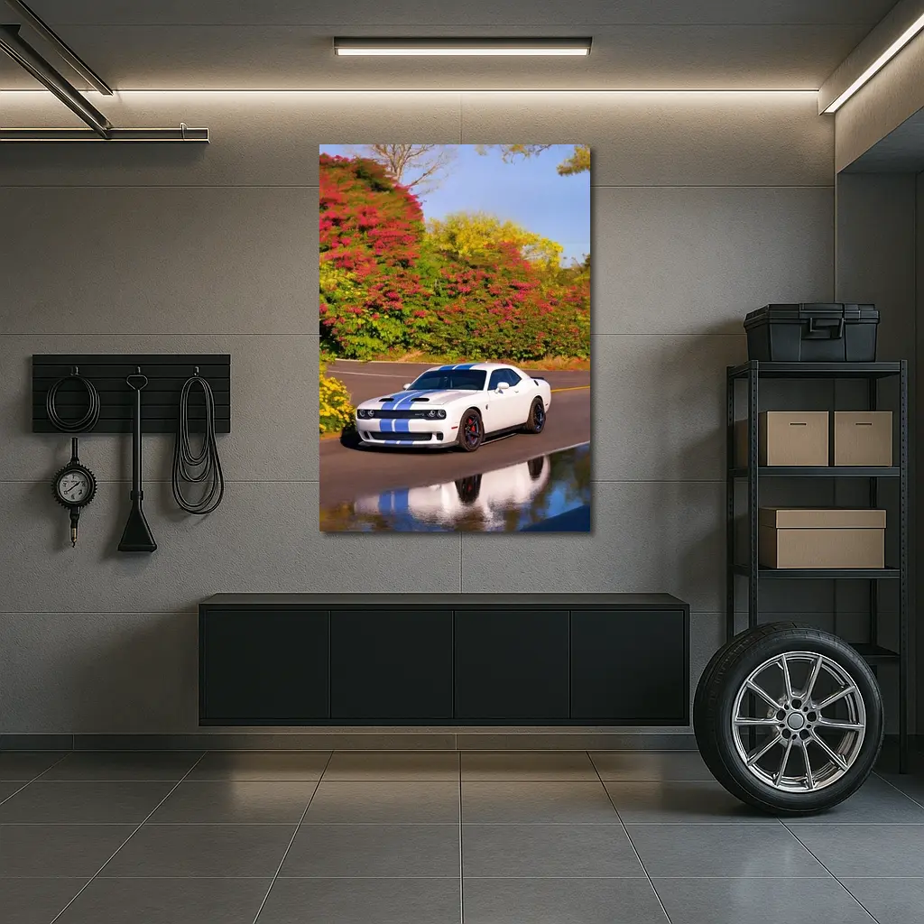 Dodge Challenger SRT White Blue Stripes Road – Wall Art