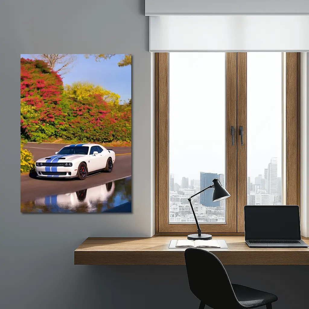 Dodge Challenger SRT White Blue Stripes Road – Wall Art