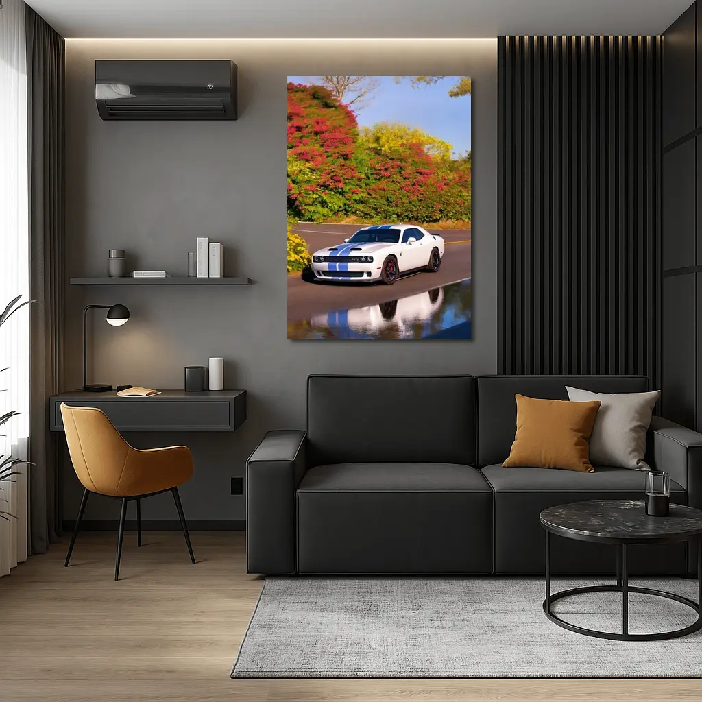 Dodge Challenger SRT White Blue Stripes Road – Wall Art