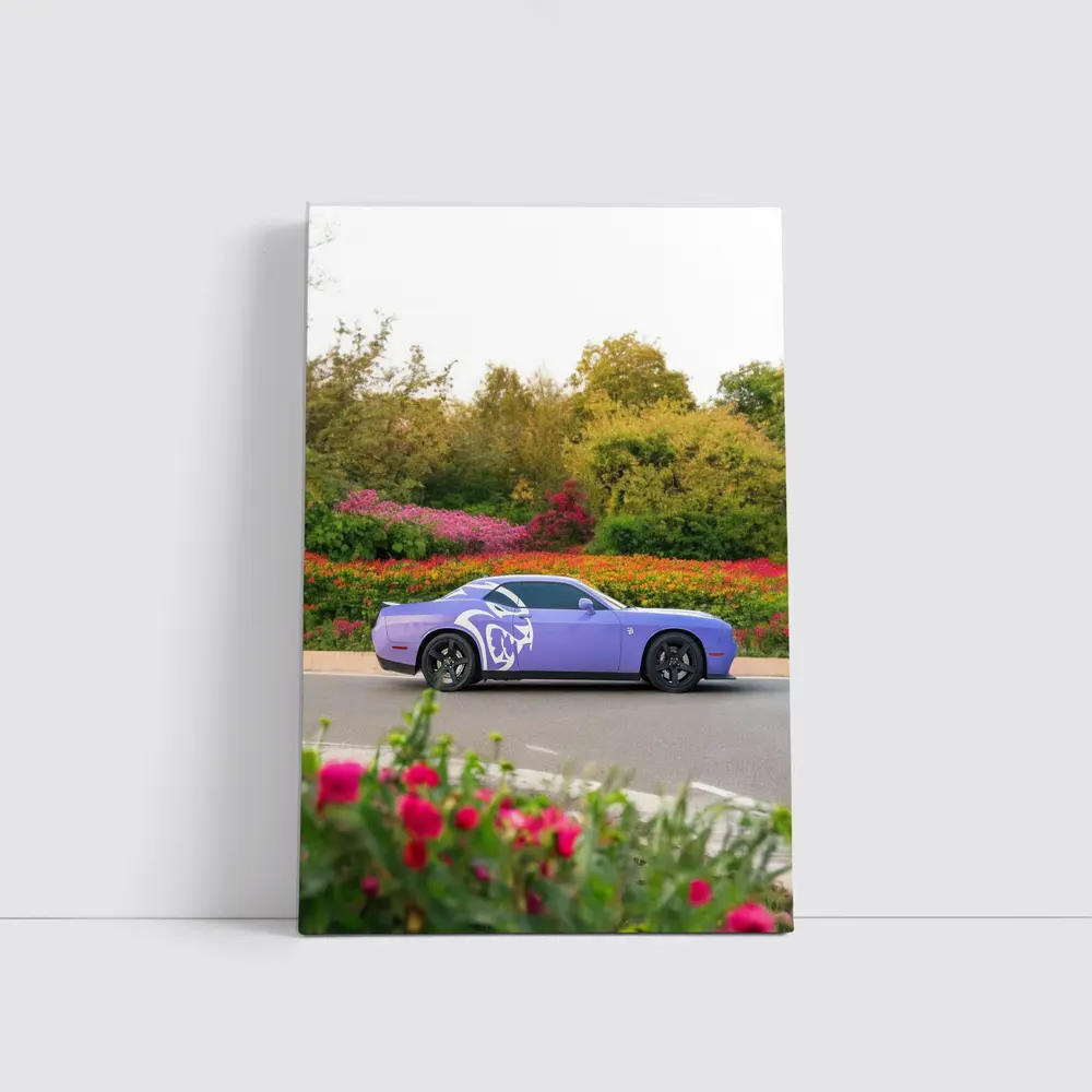 Purple Dodge Challenger Parked Near Flowers – Wall Art