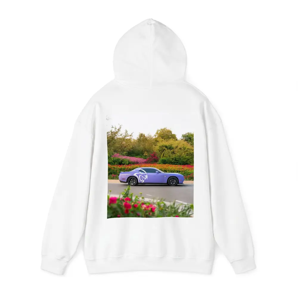 Purple Dodge Challenger Parked Near Flowers – Hoodies