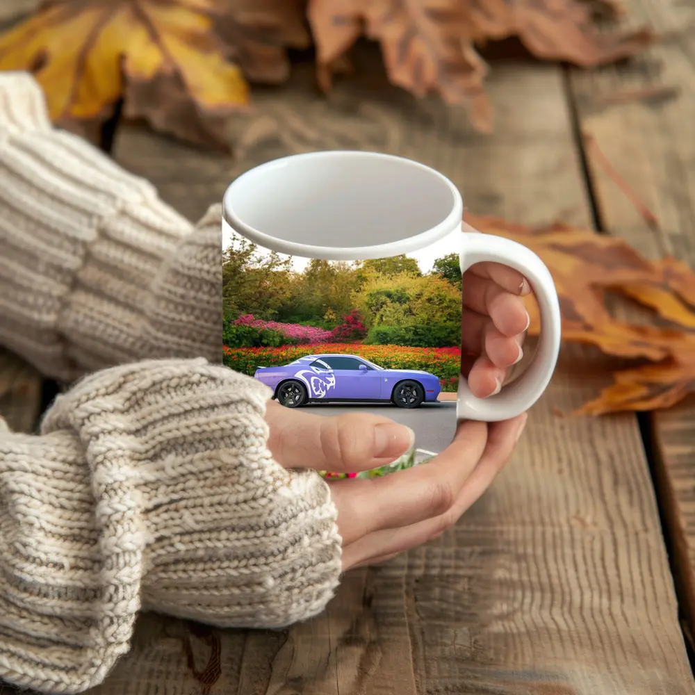 Purple Dodge Challenger Parked Near Flowers – Mugs