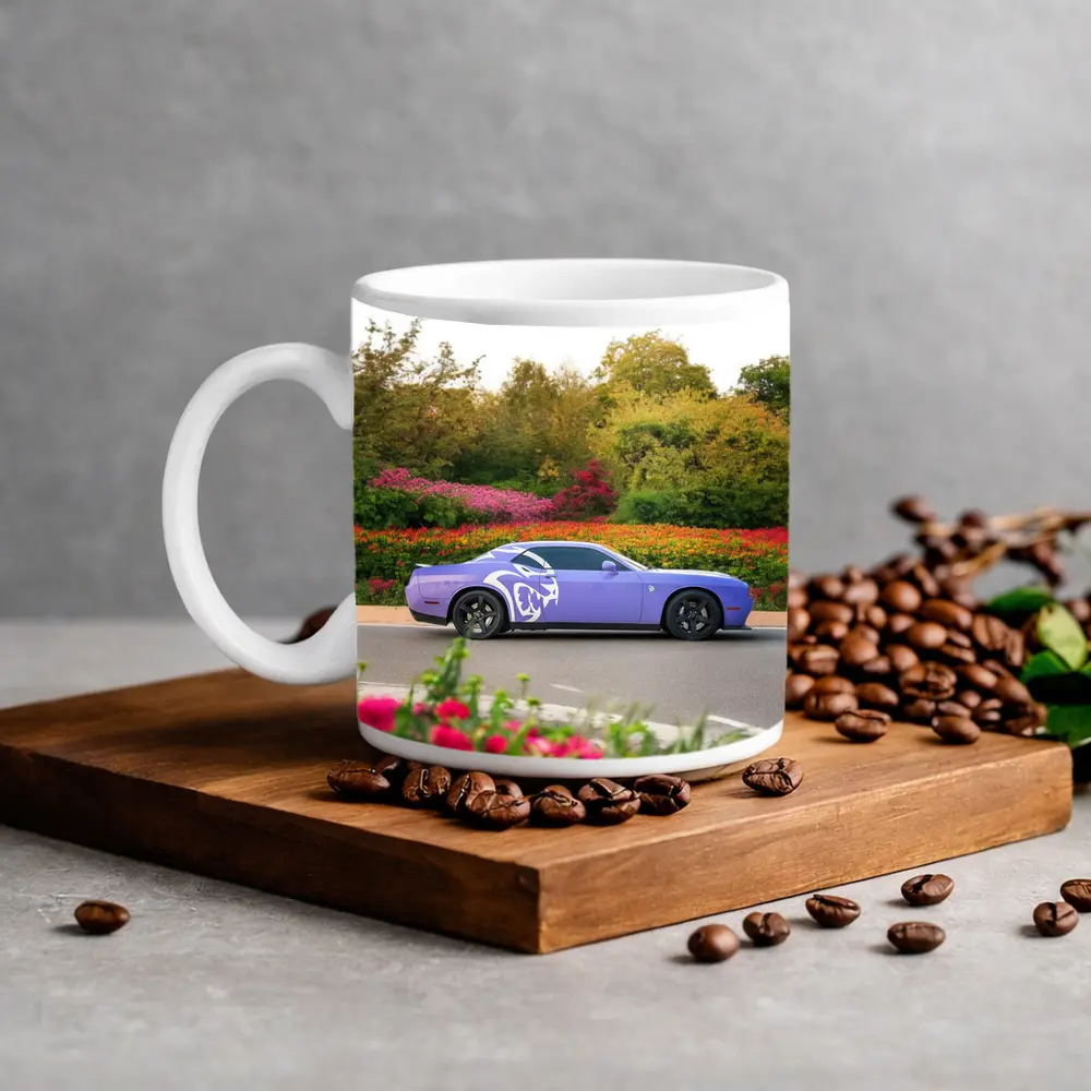 Purple Dodge Challenger Parked Near Flowers – Mugs