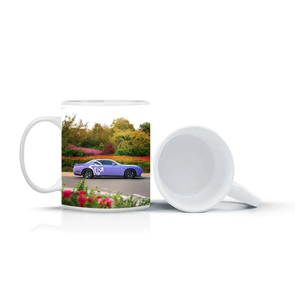 Purple Dodge Challenger Parked Near Flowers – Mugs