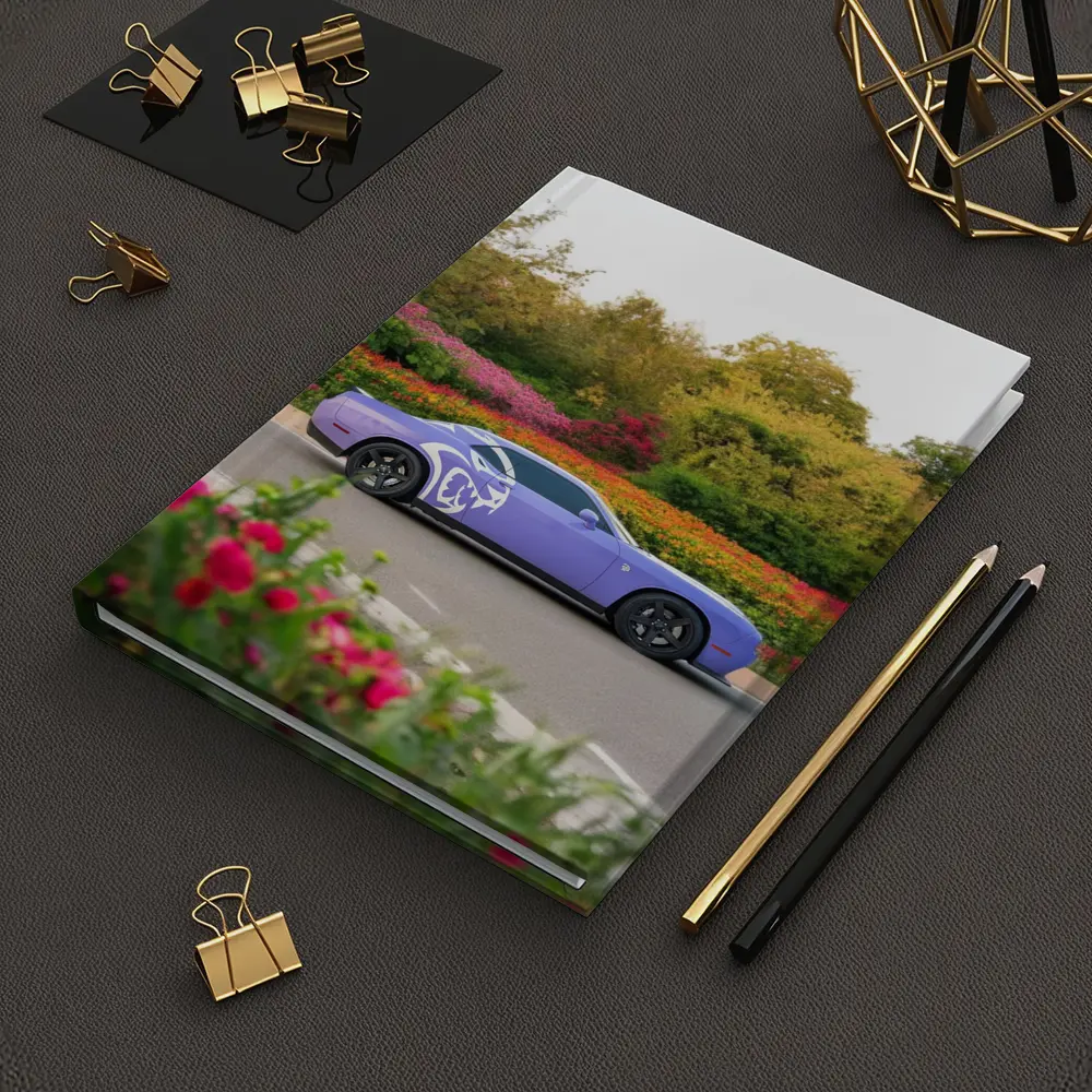 Purple Dodge Challenger Parked Near Flowers – Notebooks