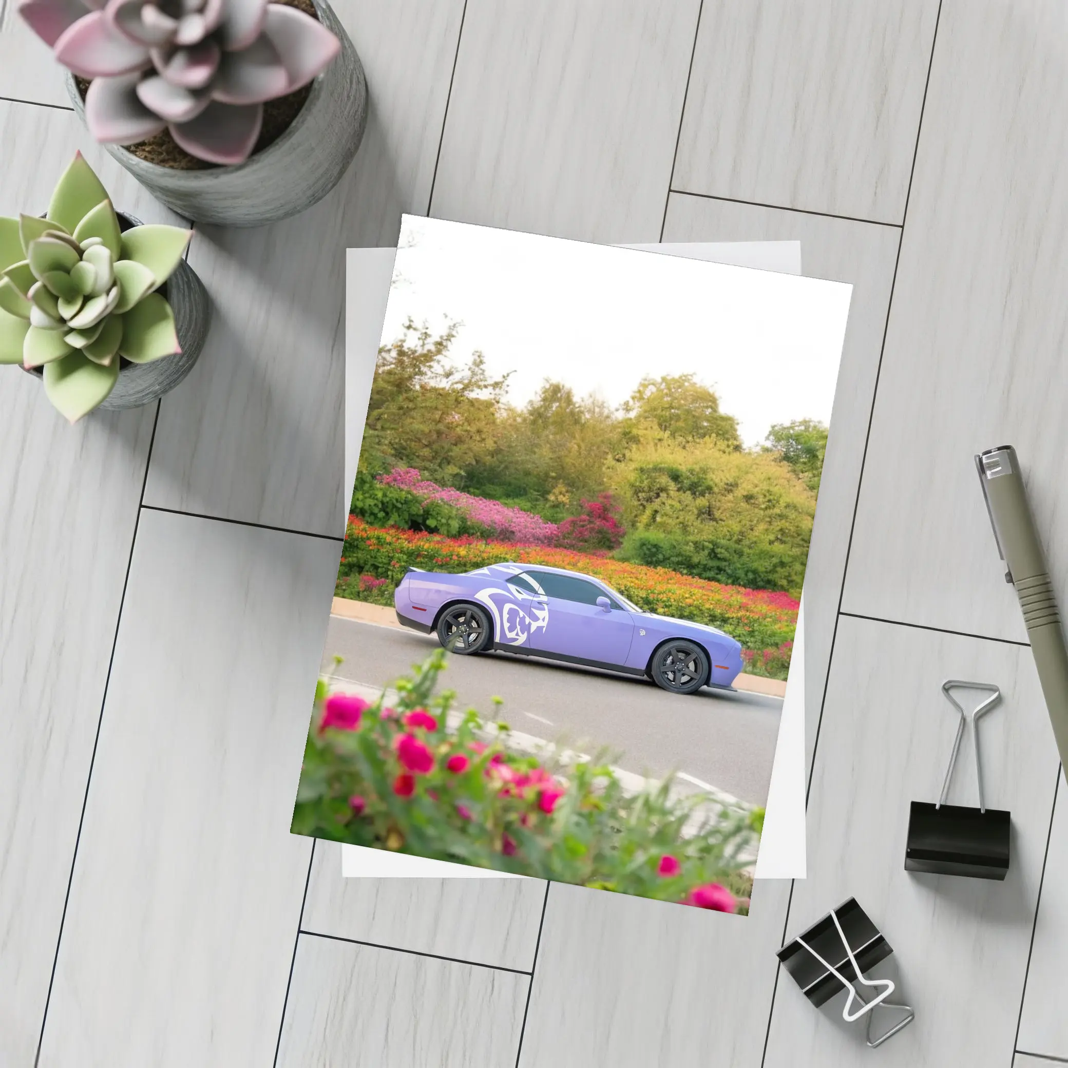 Purple Dodge Challenger Parked Near Flowers – Postcards
