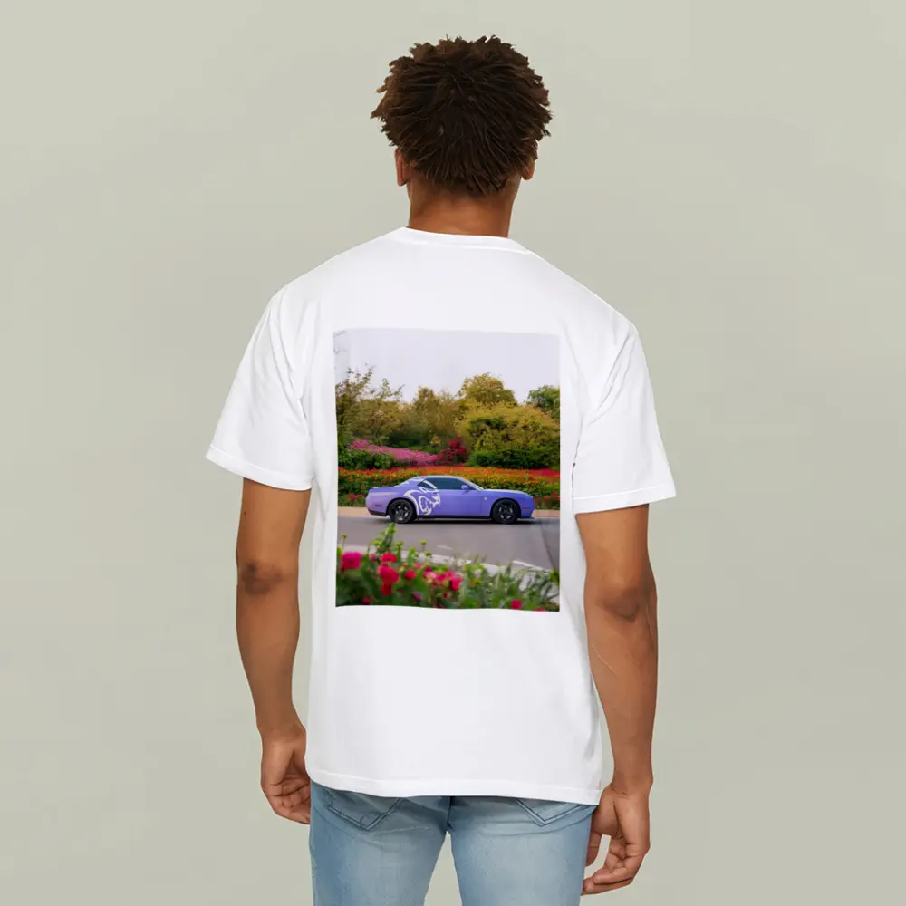 Purple Dodge Challenger Parked Near Flowers – T-Shirts