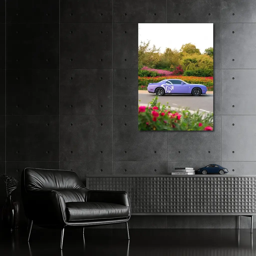 Purple Dodge Challenger Parked Near Flowers – Wall Art