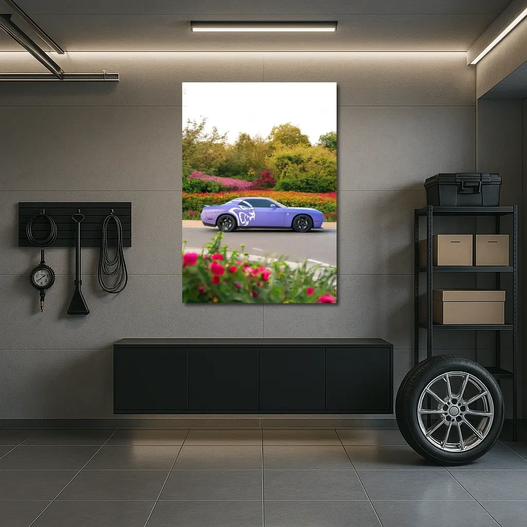 Purple Dodge Challenger Parked Near Flowers – Wall Art
