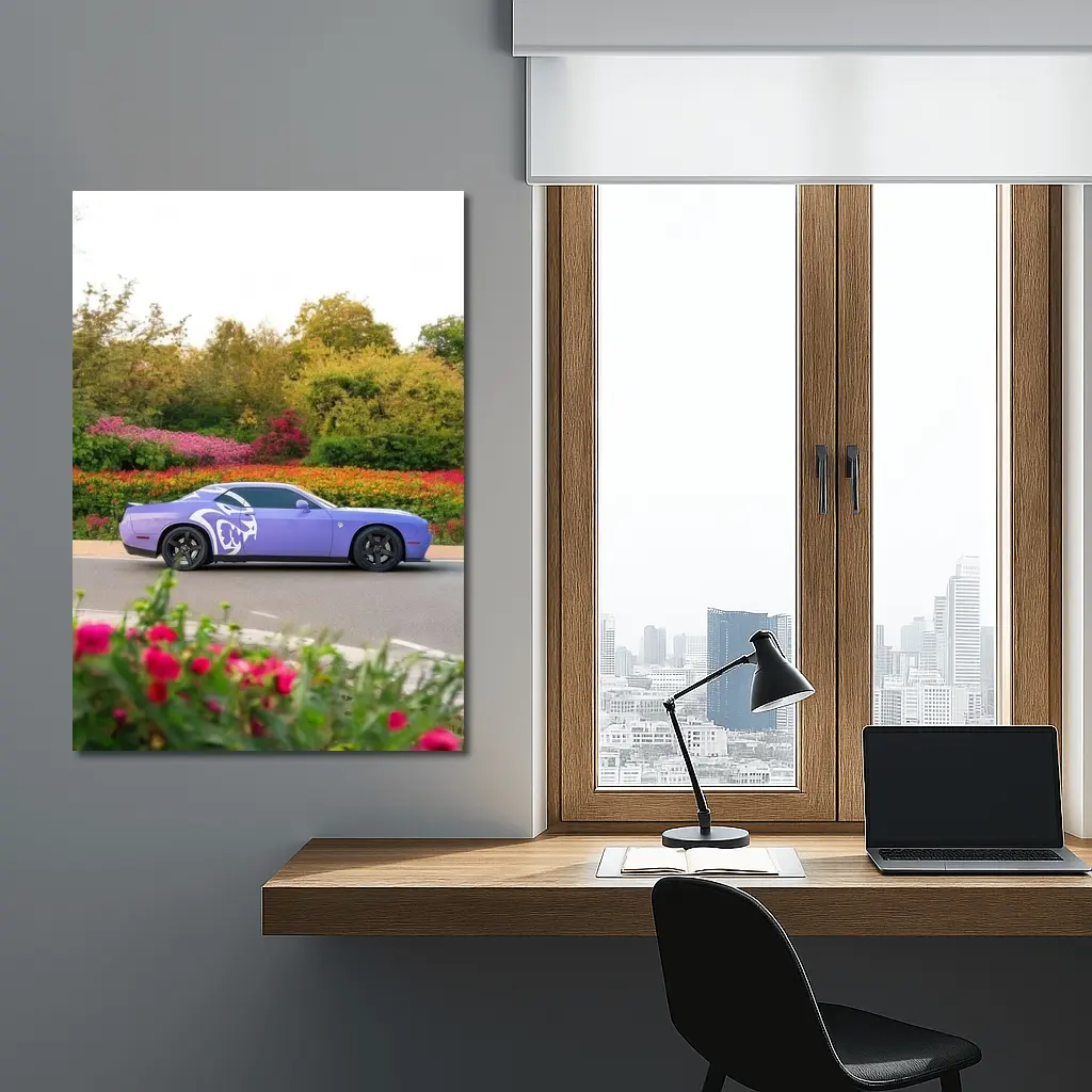 Purple Dodge Challenger Parked Near Flowers – Wall Art