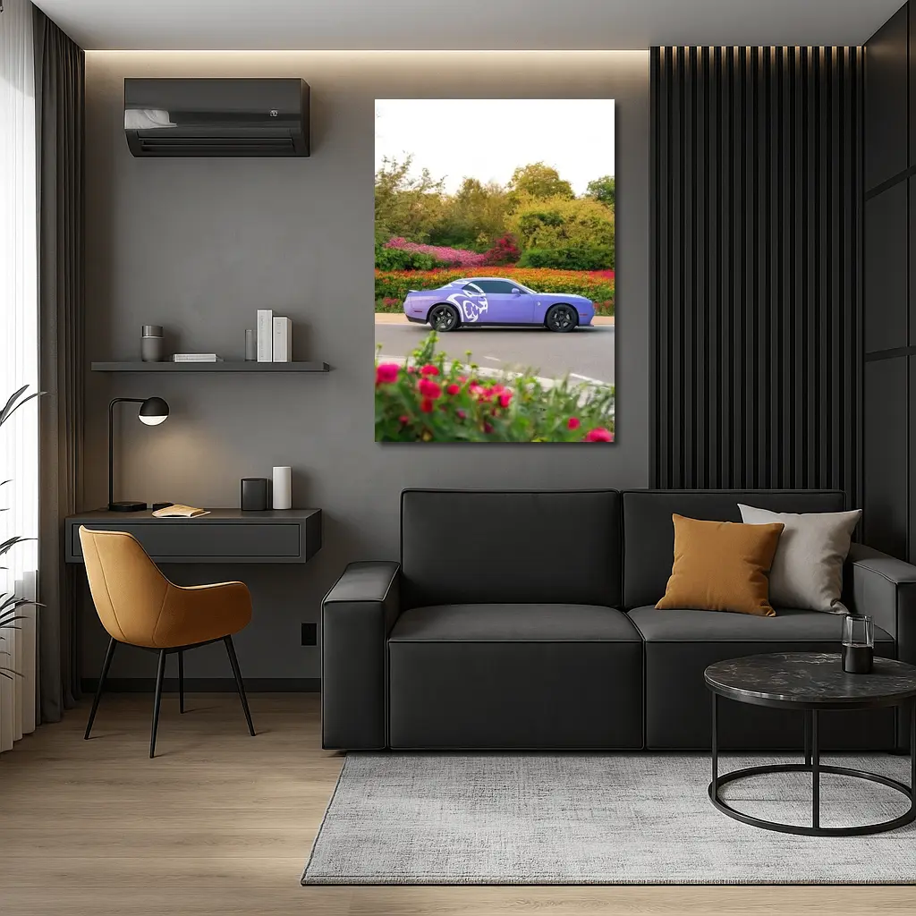 Purple Dodge Challenger Parked Near Flowers – Wall Art