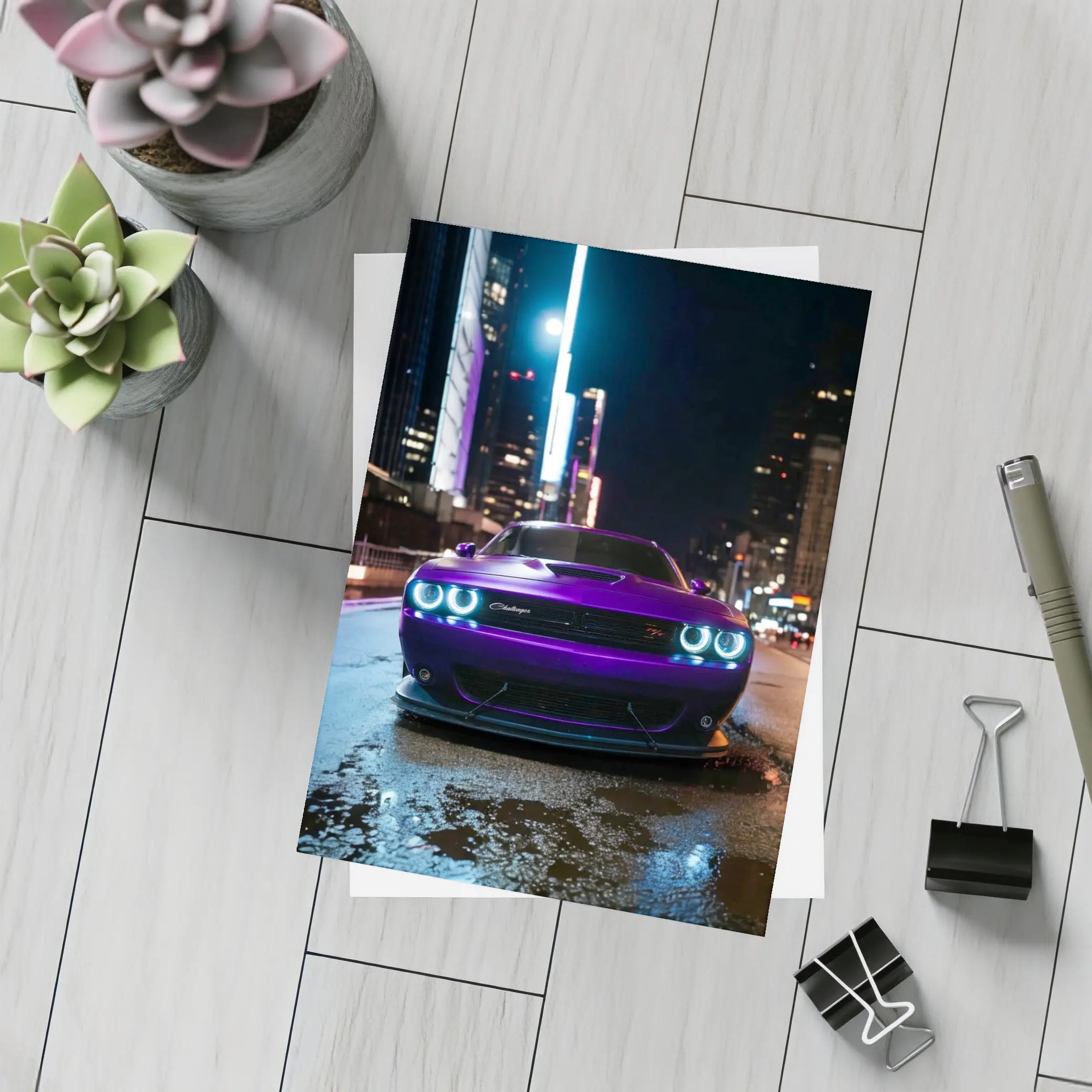 Dodge Challenger Purple Night City Street – Postcards