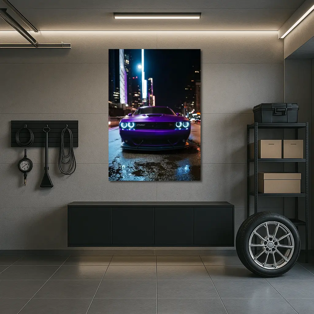 Dodge Challenger Purple Night City Street – Wall Art