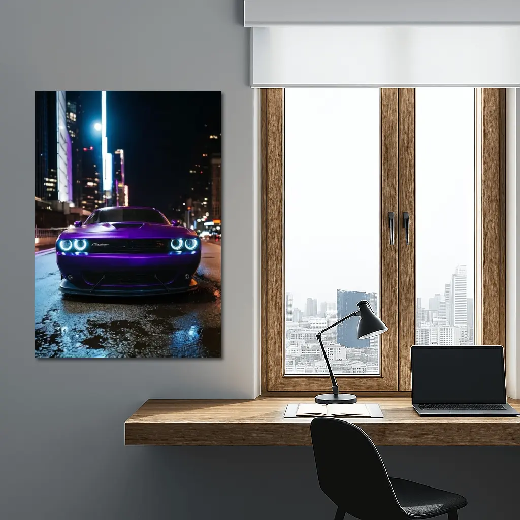 Dodge Challenger Purple Night City Street – Wall Art